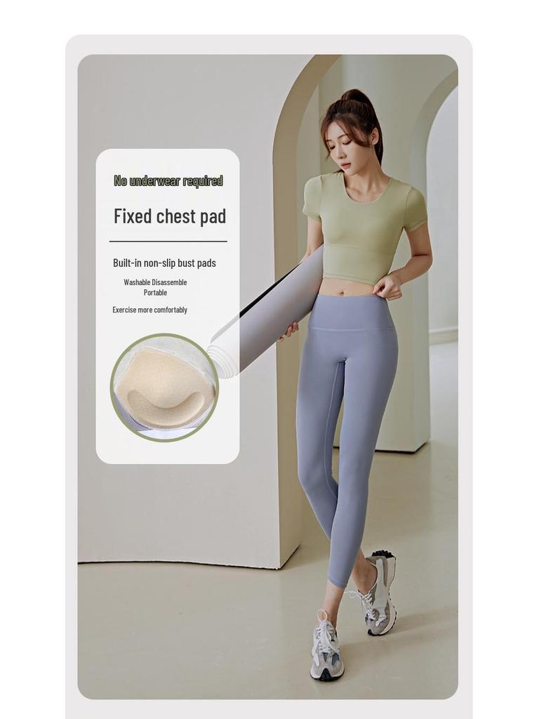 Yoga Slim Fit Criss-Cross Back Sports T-Shirt with Built-in Bra