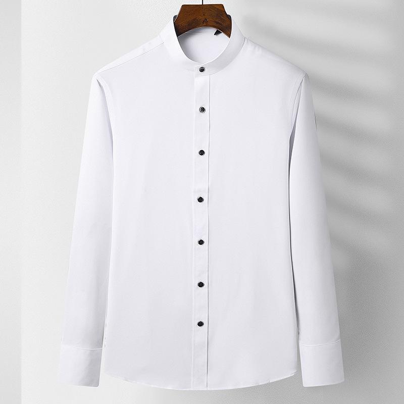 Chinese Stand-up Collar Men's Long-sleeved Shirt Youth Bamboo Fiber Non-ironing Round Neck Zhongshan Shirt CS