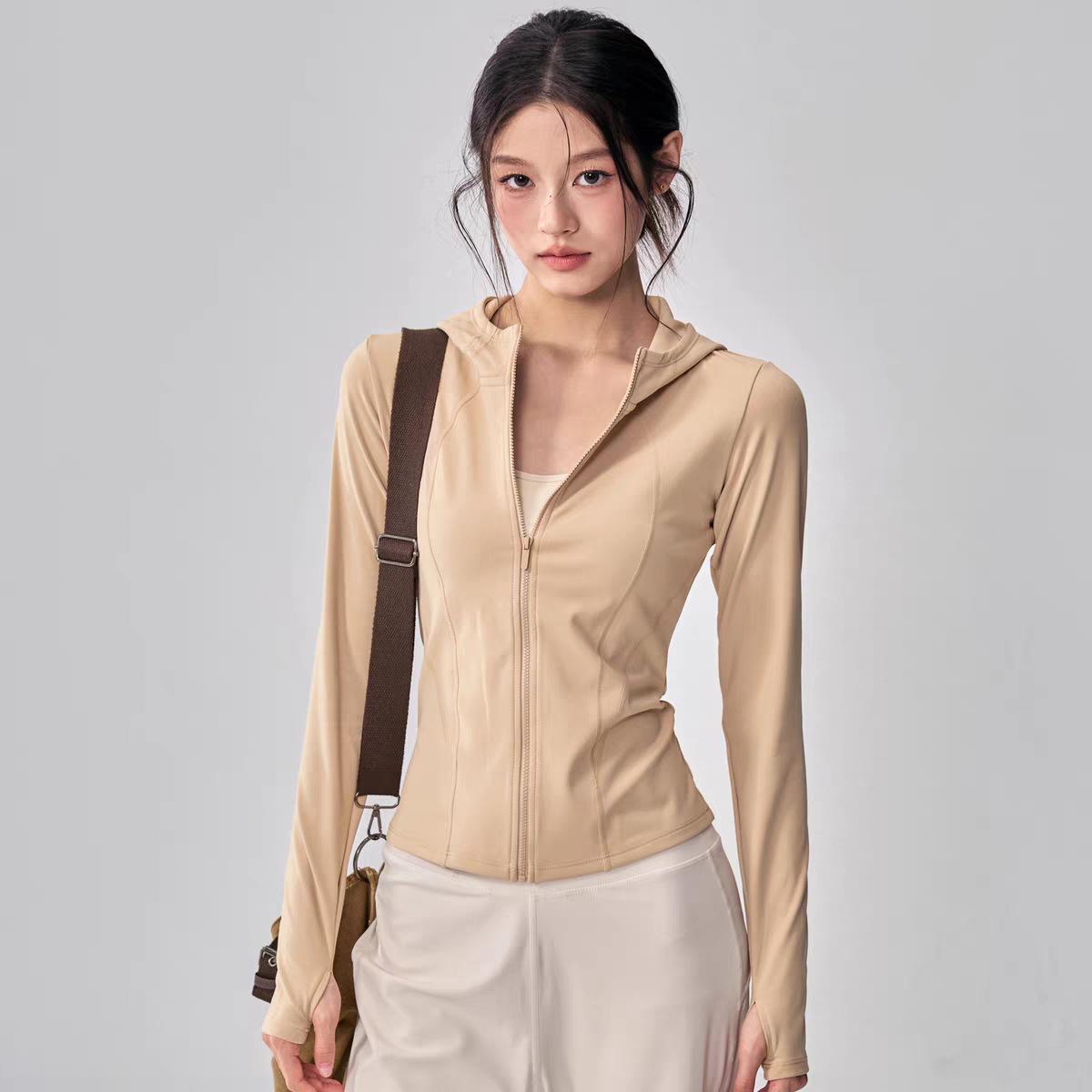 Autumn and winter yoga clothes hooded jacket women s velvet lock warm Pilates autumn outdoor sports fitness top S