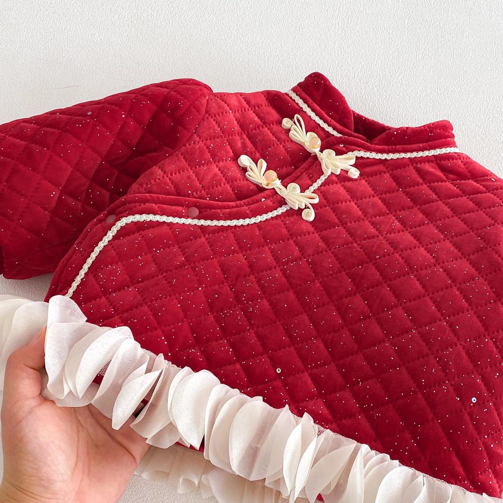 Girls' 2025 Winter Quilted Chinese New Year Retro Slanted Collar Cotton Jacket