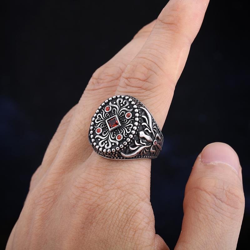 New 316L Stainless Steel Retro Turkish Signet Pattern Totem Rings With Red&Black Inlay Zircon For Man Punk Motor Biker Jewelry
