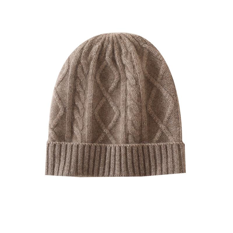 Cashmere Autumn and Winter New Style Women's High End Solid Color Diamond Twisted Pattern Thickened Warm Fashion Knitted Casual Hat