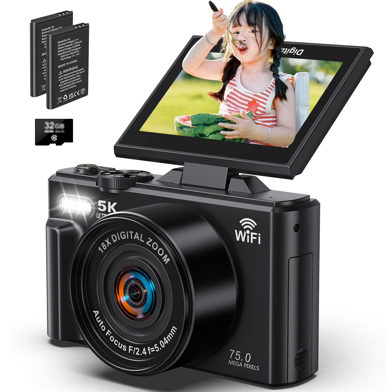 

Цифрова камера з 5K поворотним авто 18x цифровим безперервним селфі Micro SD 1200 мАг кишенькова камера для школи та компактна та для запису, 75 МП, Wi-Fi, чорний