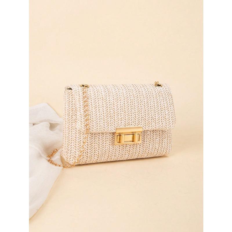 Chain Shoulder Bag Women's Small Square Woven Colorful Bag, Spring/Summer Casual Beach Bag for Women Large Capacity