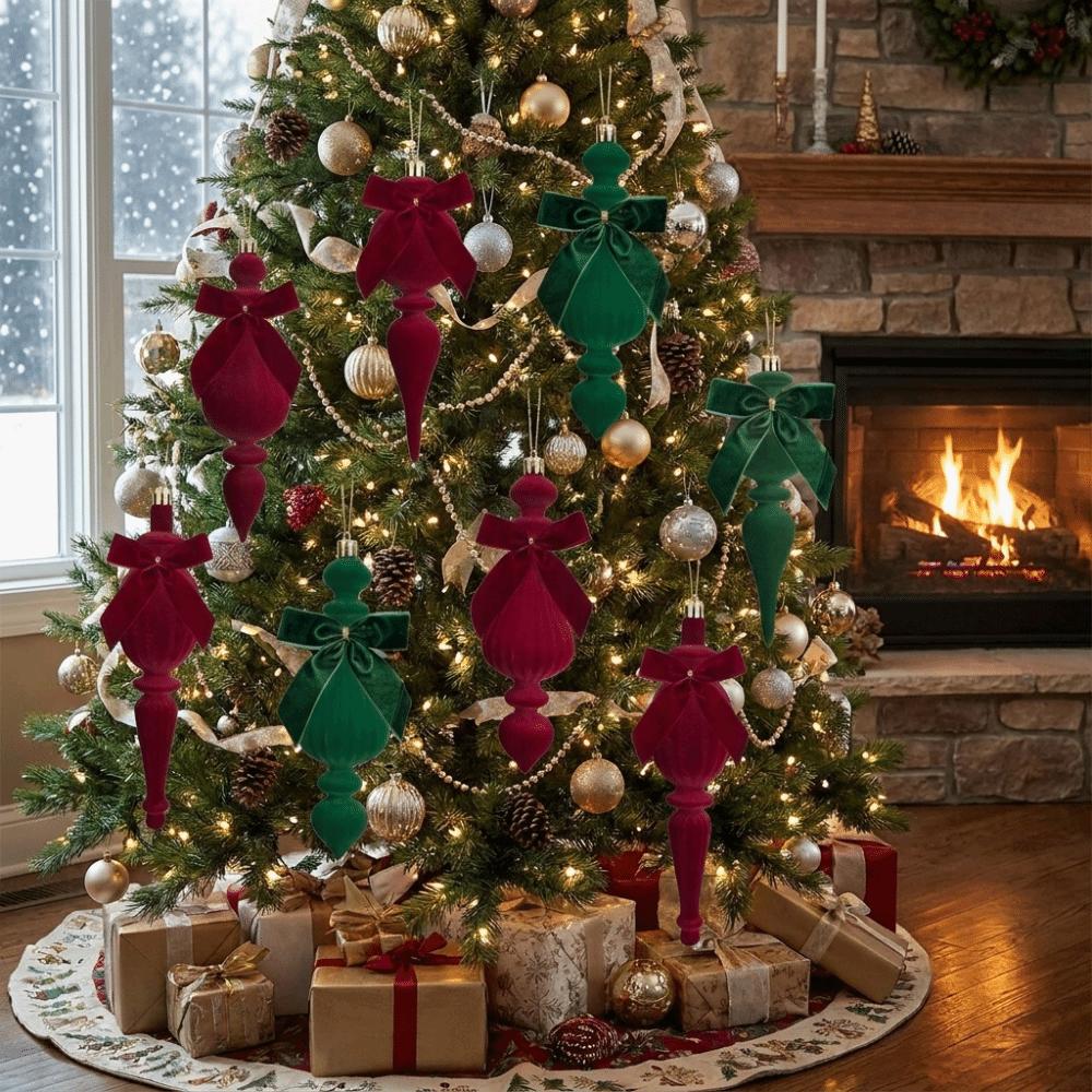 4 PCS/SET Irregular Cone Pendant Christmas Ornament Unique Flocking Hanging Xmas Tree Hanging Ornaments with Bow