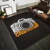 Camera Typography Carpet Design, Black Background Modern Style Rug Suitable for Use As an Anti-slip for Living Room Bedroom Sofas