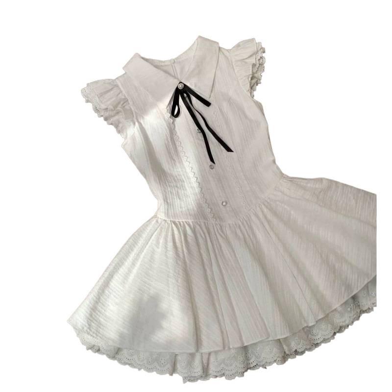 White gentle wind dress summer French white moonlight waist thin lace splicing flying sleeves princess tutu