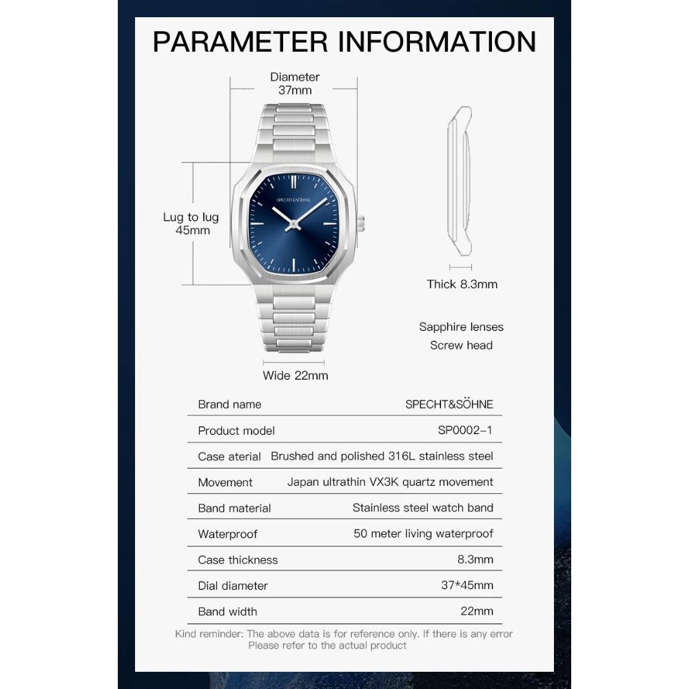 New Fashion Specht & Söhne Ultrathin Quartz Watch For Men Ice Blue Color Stainless Steel Watches Sapphire Crystal 50M Waterproof