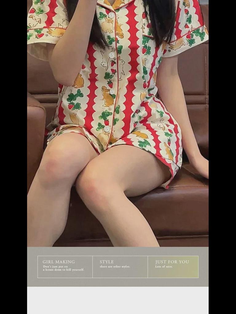 Korean Floral Bunny Christmas Summer Pajama Set - Striped Short-Sleeve Top & Shorts for Women