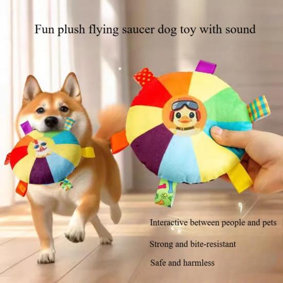 2 Pcs Rainbow Plush Flying Disc Dog Toy Interactive Sound Toy Outdoor Training Game Dog Chew Toy for Small Large Dogs