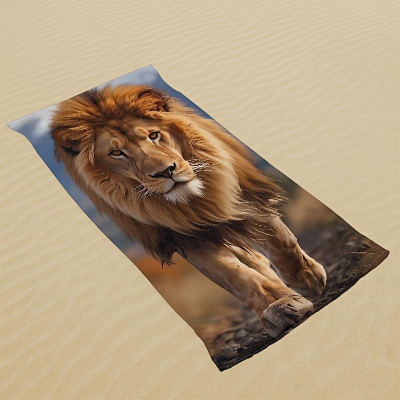 Lion King Art Print Beach Towel, Majestic Wildlife Nature Design Quick-Dry Sand-Free Microfiber Bath Towel for Summer Travel