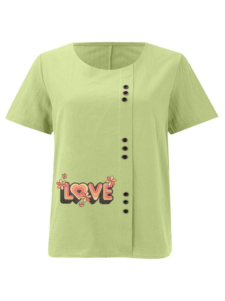 Women's Fashion Love Letters Print Casual Cotton Linen Short Sleeve Round Neck T-shirt Shirt Leisure Loose Summer Blouse Tops