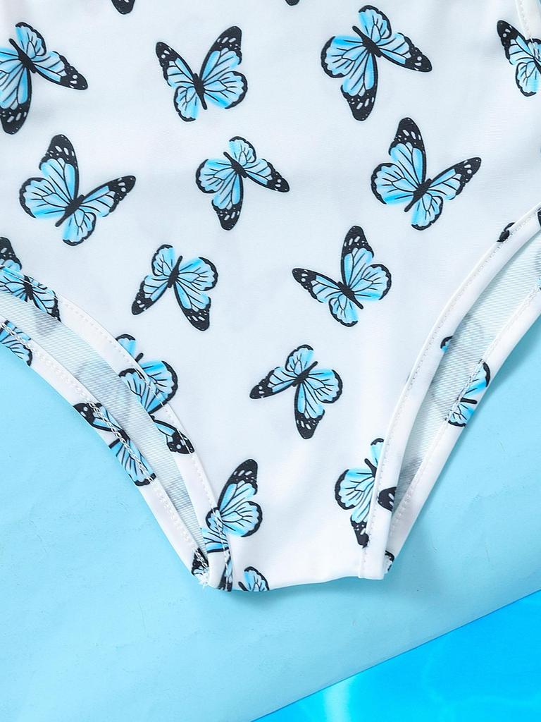 Girls' One-Shoulder Butterfly Print Lace Swimsuit - Cartoon Bikini One-Piece Summer Beachwear