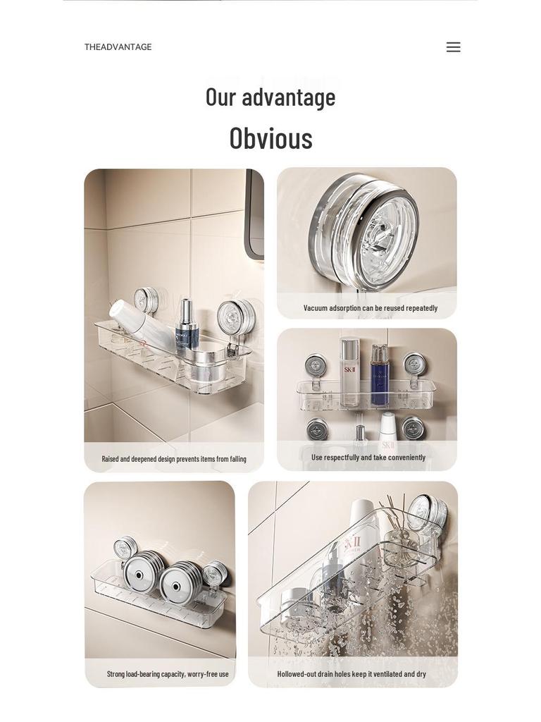 Wall-Mounted Vacuum Suction Cup Bathroom Shelf and Cosmetics Organizer
