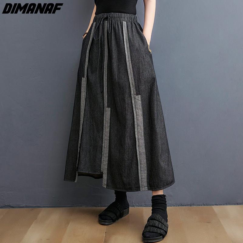 DIMANAF Plus Size Women Floral Linen Skirts Female Elastic Basic High Fashion Japanese Dress