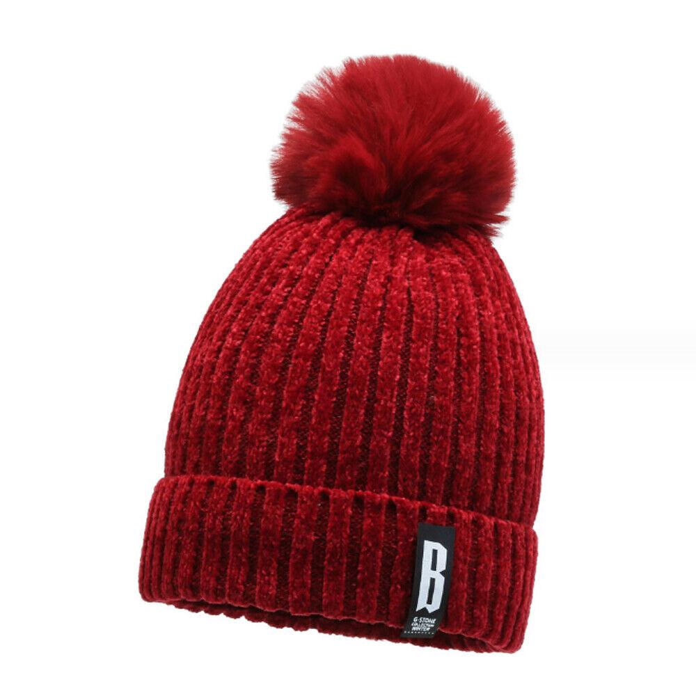 Knitted Bobble Hat Ladies Kids Beanie Warm Winter Pom-Pom Woolly Matching Cap