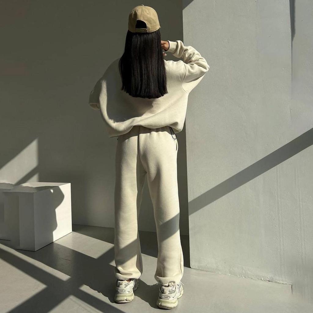 Women Solid Color Long Sleeve Stand Collar Hoodies Suit Autumn Winter Loose Top Wide Leg Pants