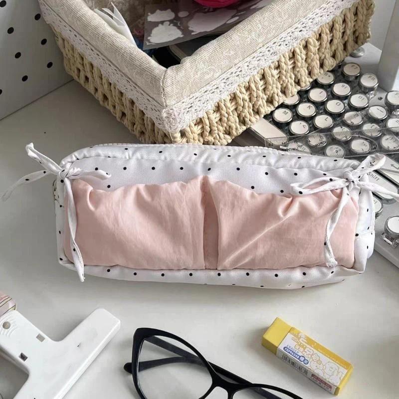 Polka Dot Pencil Case Large Capacity Bow Decor Zipper Closure Stationery Pouch for Students School Exam Office Storage