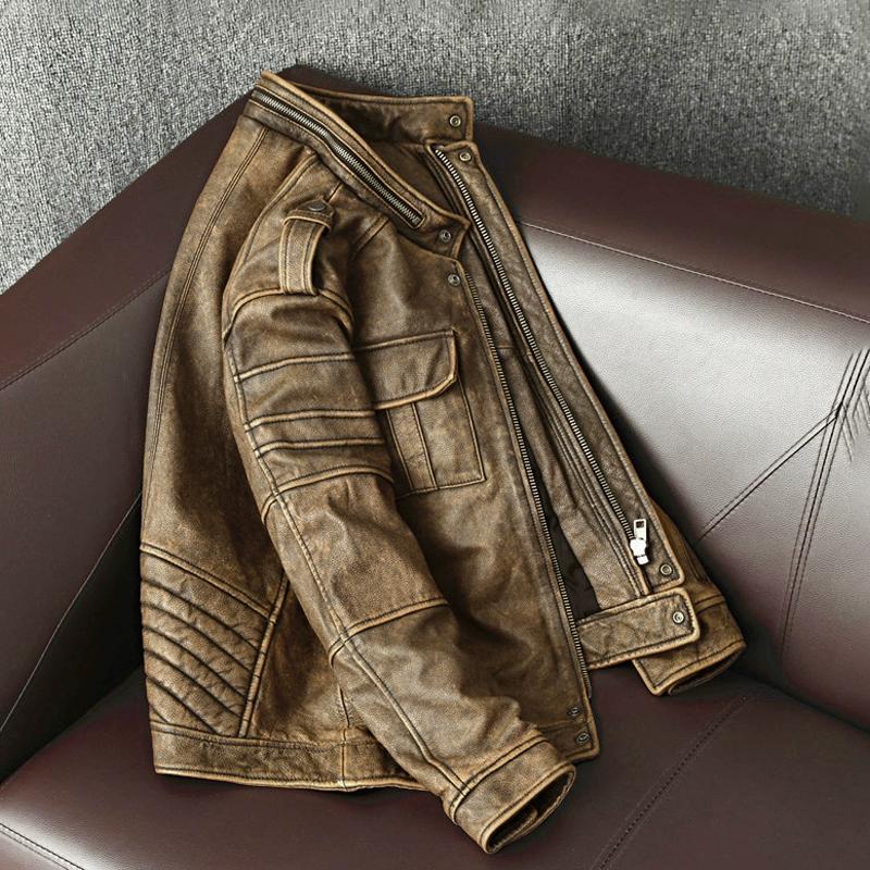 Vintage Genuine Leather Jacket Men Short Distressed Biker Coat Pure Cowhide Motorcycle Jacket Autumn Winter