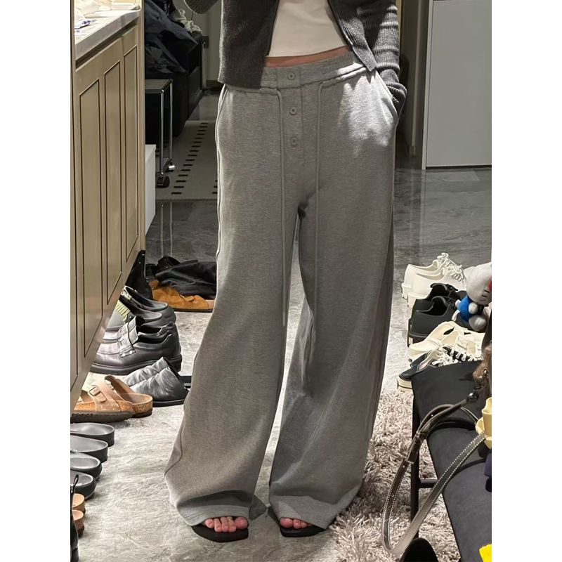 More Than 2024 Buttons Elastic Waist Fall and Winter Gray Straight Sweatpants Idle Style Loose Casual Mop Wide Leg Pants