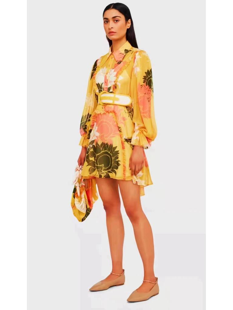 2023 Autumn Women's Short Dress: Lapel, Lantern Sleeves, Single-Breasted with Buckle Belt and Waist Print Detail