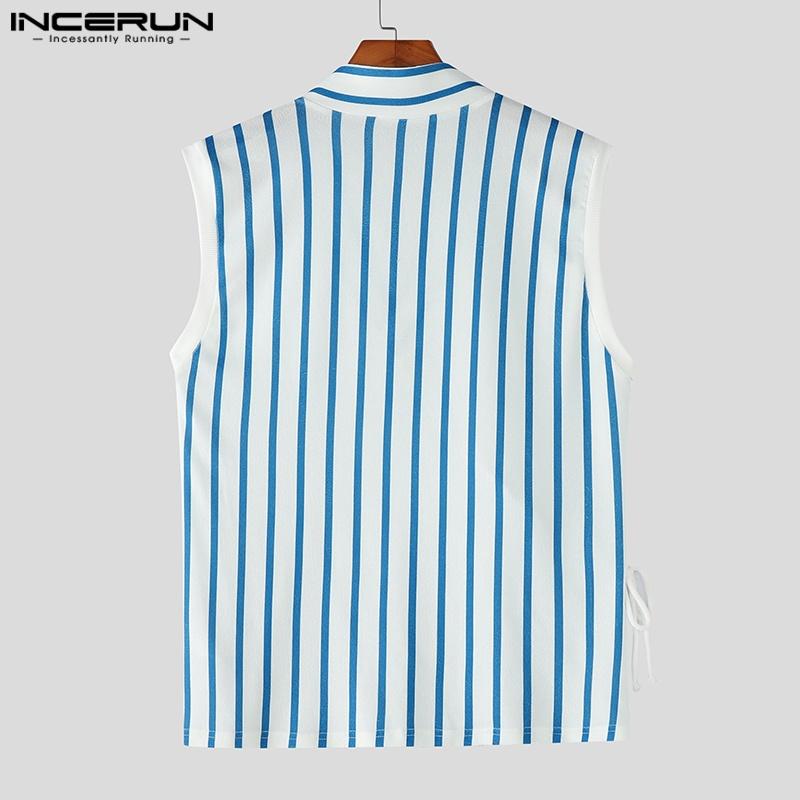 INCERUN Letní pánská tílka s výstřihem do V, bez rukávů, se šněrováním na boku, s pruhovaným potiskem, ležérní