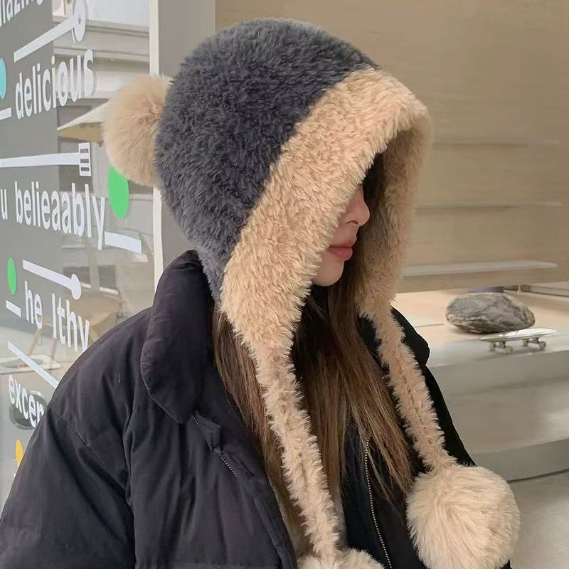 

Зимняя теплая шапка, большой обхват головы, плюшевый помпон, милая шапка с ушками, детская защита ушей, флисовая, утолщенная, в цветовой гамме, уличная шапка