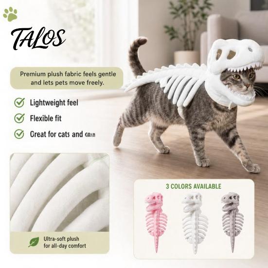 Costume Scheletro di Gatto Traspirante, Costume Dinosauro per Animali Domestici, Vestito T-Rex in Morbido Peluche per Halloween, Abbigliamento Divertente da Cosplay per Gatti e Cani Piccoli