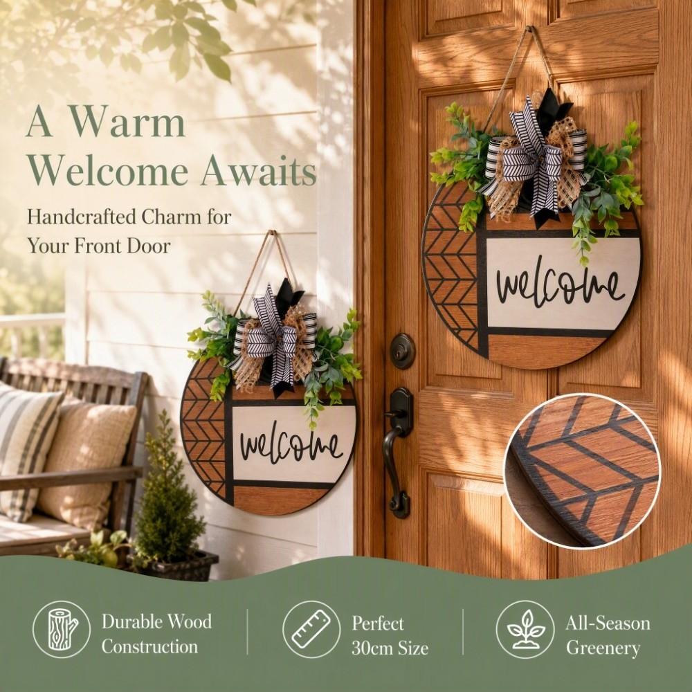 Wooden Door Wreath Artificial Plant Wall Art Creative Welcome Sign Porch Decor