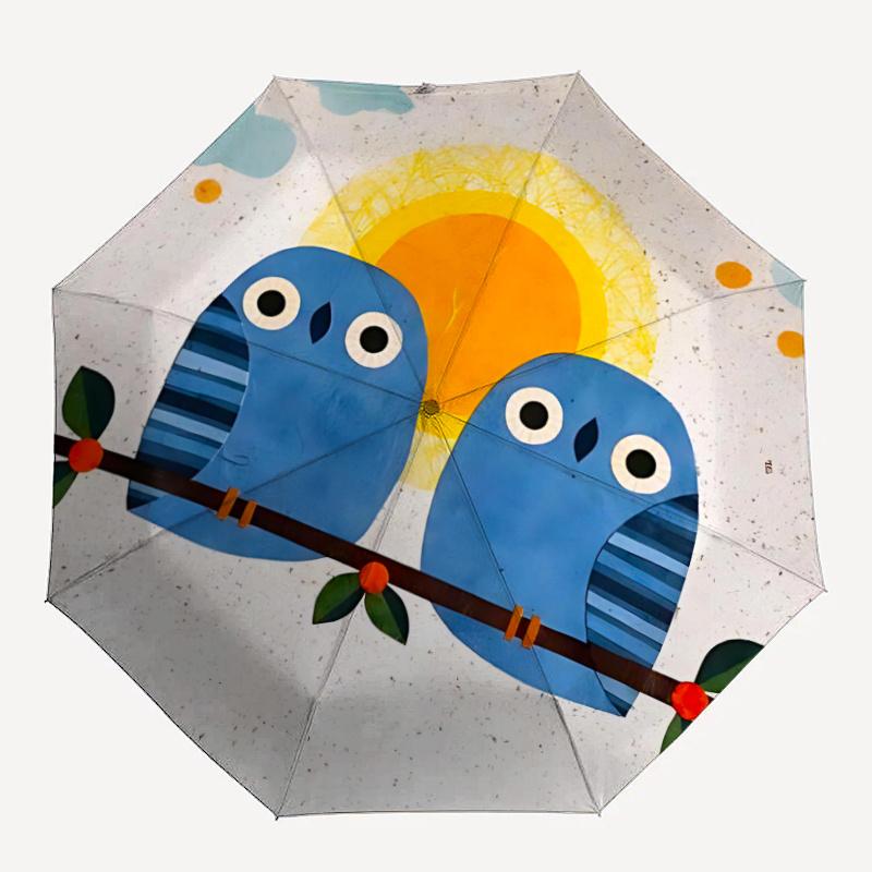 

1pc Blue Owls Sunset One Umbrella a Plastic Hle, Compact Stylish, with a Vibrant Cartoon Pattern, Perfect Home, Travel, Outdoor Use