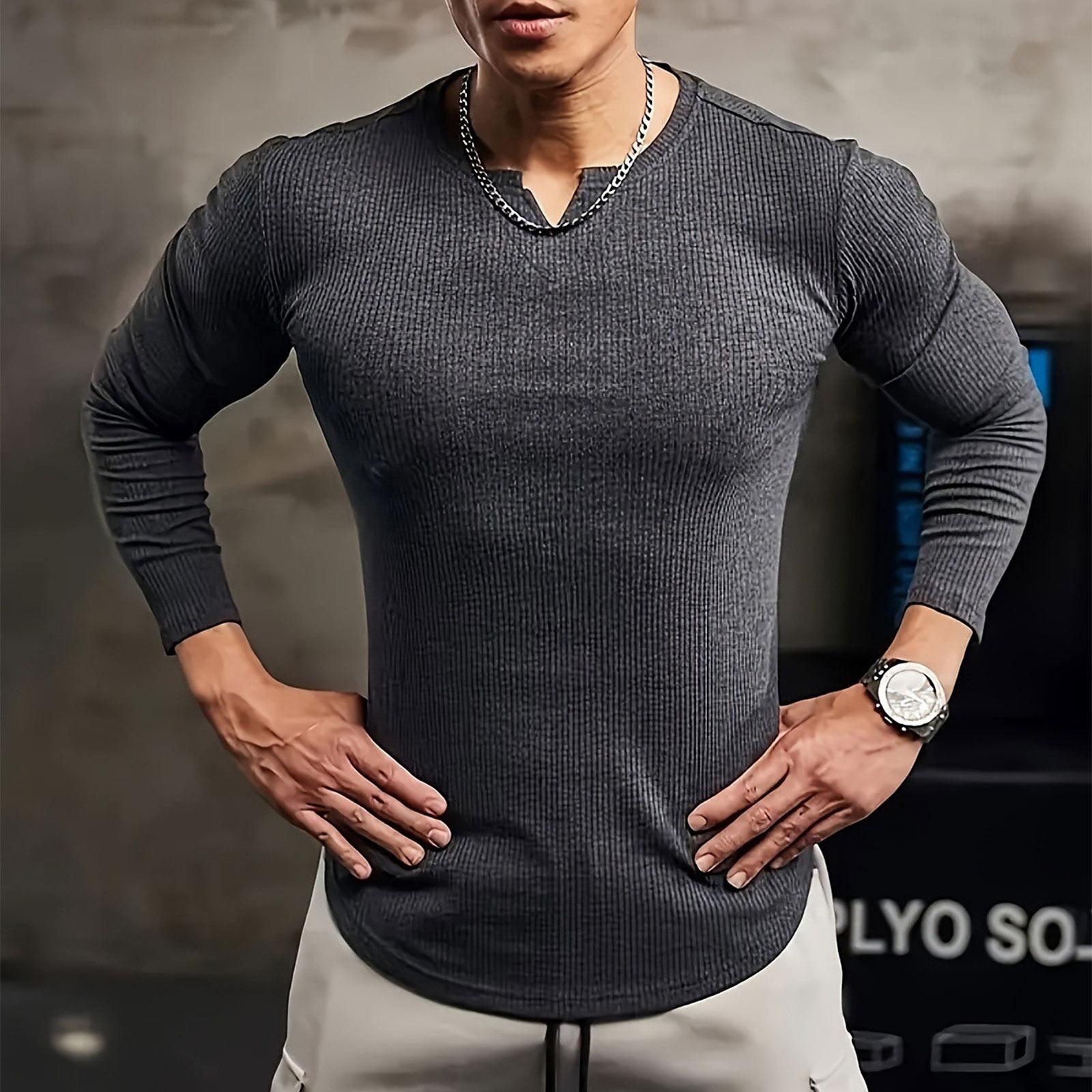 

Men s V-neck T-shirt Solid Color Casual Sports Fashion Long Sleeve L