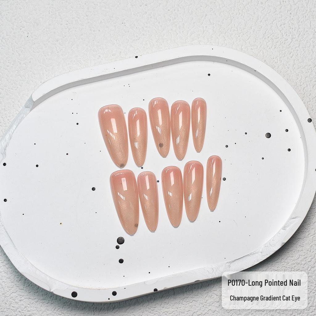 Silver Gradient Cat Eye Champagne French Full-Size Handmade Wearable Nail Tips