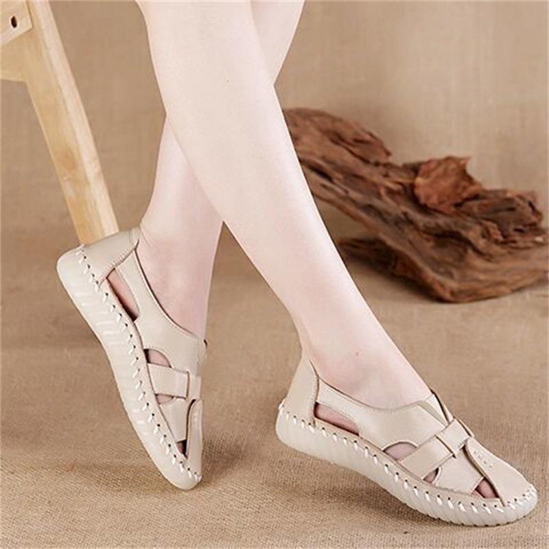 Genuine Leather Women Flat Hollow Summer Shoes Female Breathable Beach Sandals