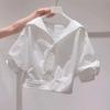 Fanan Chemise d'été à revers et manches bouffantes pour femme Coupe ample Top court Chemisier pour femme