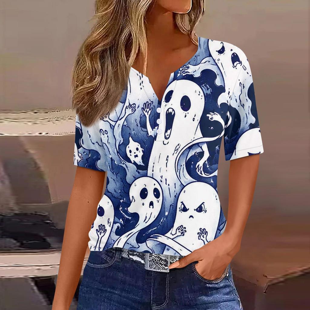 Women's Casual Halloween Print V Neck Short Sleeve Button Down T Shirt Top Lightweight Comfortable Fit