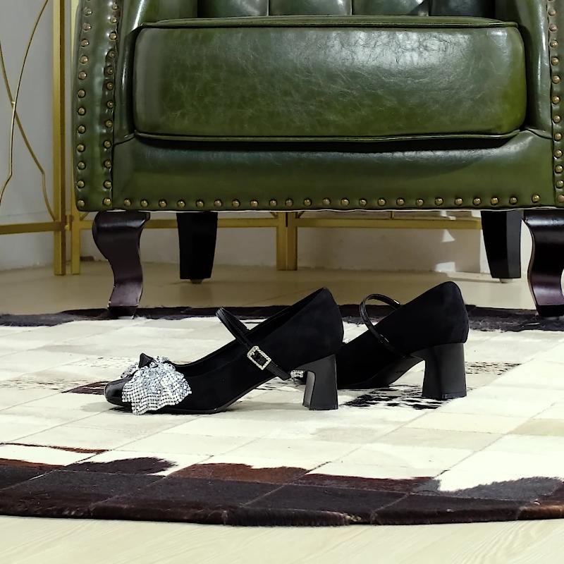 Fashion Korean Version Of One-Length Strip Rhinestone Buckle Single Shoes Square Toe Thick Heel Sequin Bow Mid-Heel Women's Shoes