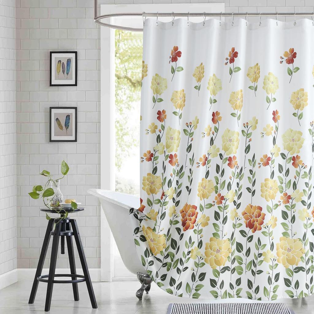 Floral Pattern Fabric Shower Curtain, Beige Gray Plant Bathroom Shower Curtain, Waterproof Bathroom Shower Curtain Curtain