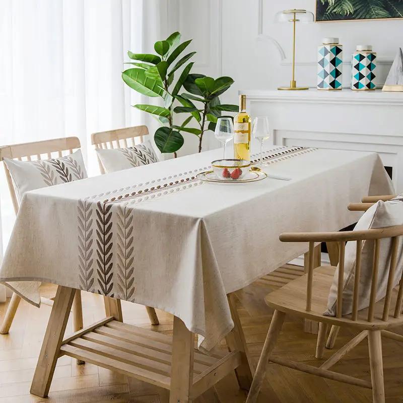 Rustic Embroidery Tablecloths Cotton Linen Coffee Leaves Pattern Rectangle Waterproof Table Covers for Kitchen Living Room Decor