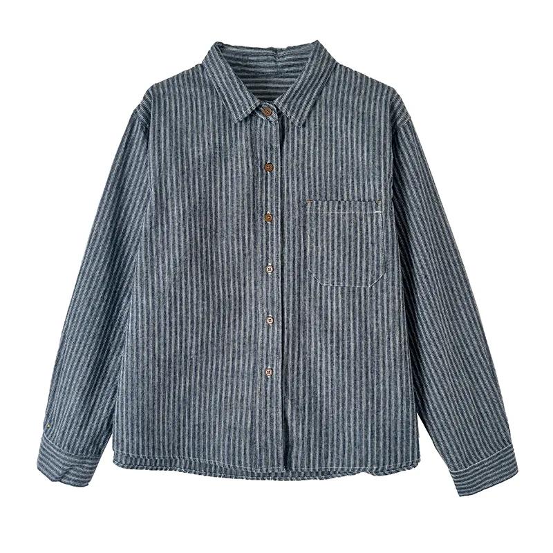 Women Blue Striped Cotton Linen Lapel Long Sleeve Shirt