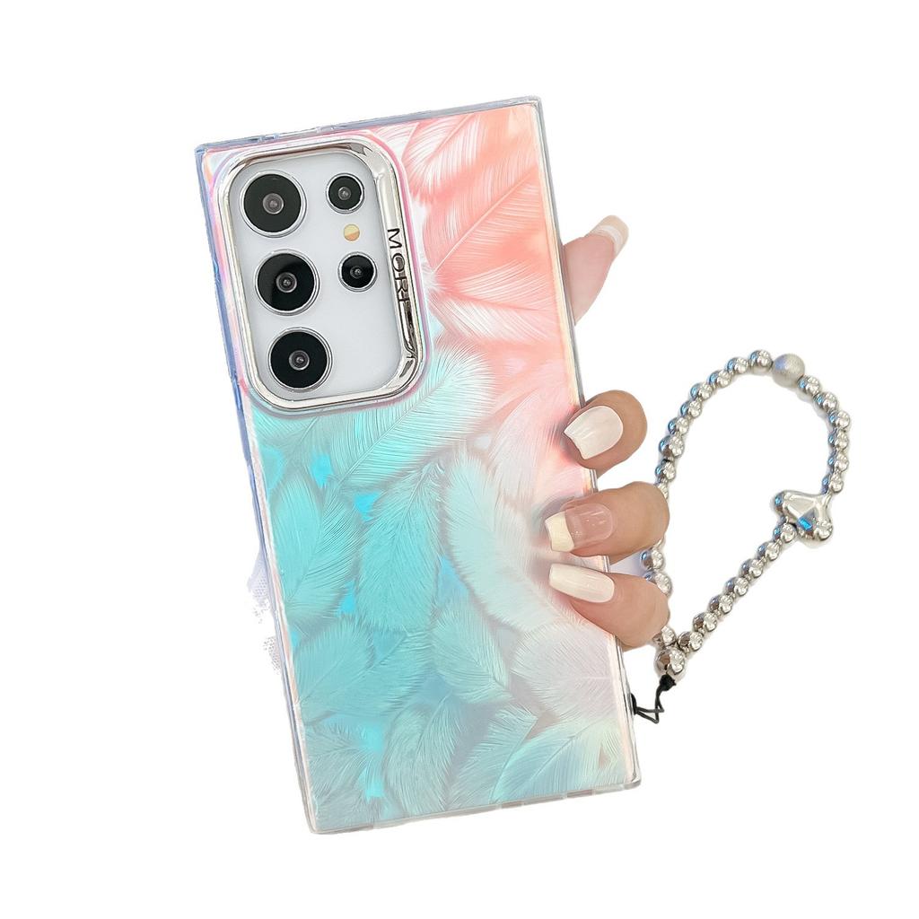 Samsung S25ultra Electroplated Laser Phone Case Suitable for S24plus Feather A56 Pearl Bracelet Hard Set