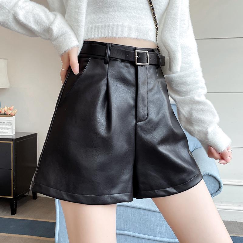 Women's Black PU Leather High-Waist Wide-Leg Shorts - New Autumn/Winter 2024 Casual Slimming Design