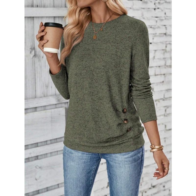 Summer Solid Color Long Sleeved Round Neck Hollowed Out Casual Shirt for Women Pullovers & Long Sleeves