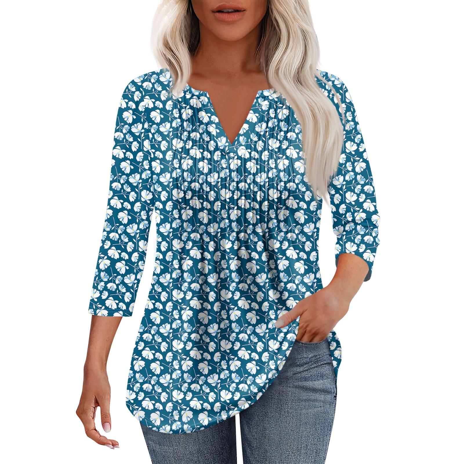 

Женская модная повседневная плиссированная футболка с V-образным вырезом и рукавом семь четвертей XXL синий