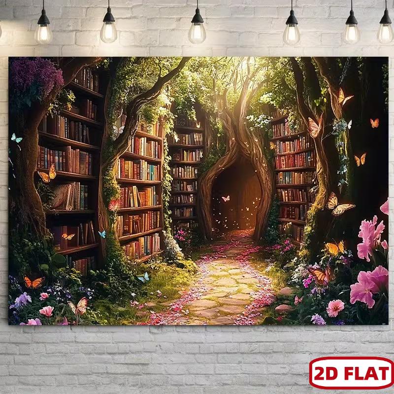 2D Magical Forest Bookshelf Tapestry Flower Path & Butterfly Wall Art Decor