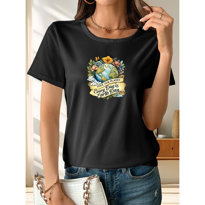 

Womens Floral Earth Print Tee Crew Neck Short Sleeve Stylish Retro Casual Everyday Top Versatile Commuter Vacation Wear 4XL чорний