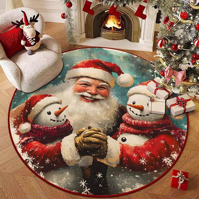 Christmas Joyful Santa Claus Snowman Carpet Mat Round Red Gift Boxes Rug Festive Non-slip Home Decoration for Living Room Carpet