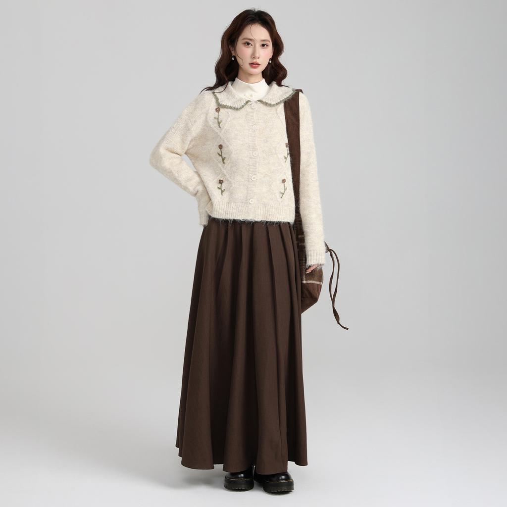 Lazy doll collar embroidered flower knitted sweater long sleeve thickened bottom with autumn and winter cardigan jacket top women