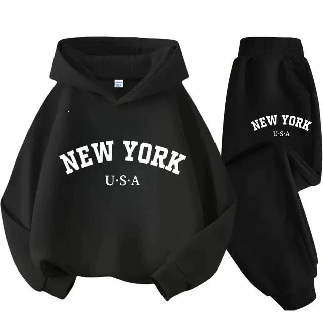 

Children s Black Sports Outdoor Letter Print Hooded Sweatshirt 3-12 Years Old Boys and Girls Casual Set Sweatshirt + Pants 160cm