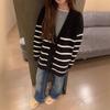 V-neck striped knitted cardigan top women's autumn and winter versatile lazy style soft waxy loose sweater jacket
