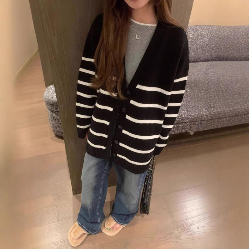 V-neck striped knitted cardigan top women's autumn and winter versatile lazy style soft waxy loose sweater jacket